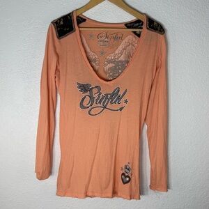 Sinful by Affliction Embellished & Lace Wing Design Coral Long Sleeve Tee Y2K